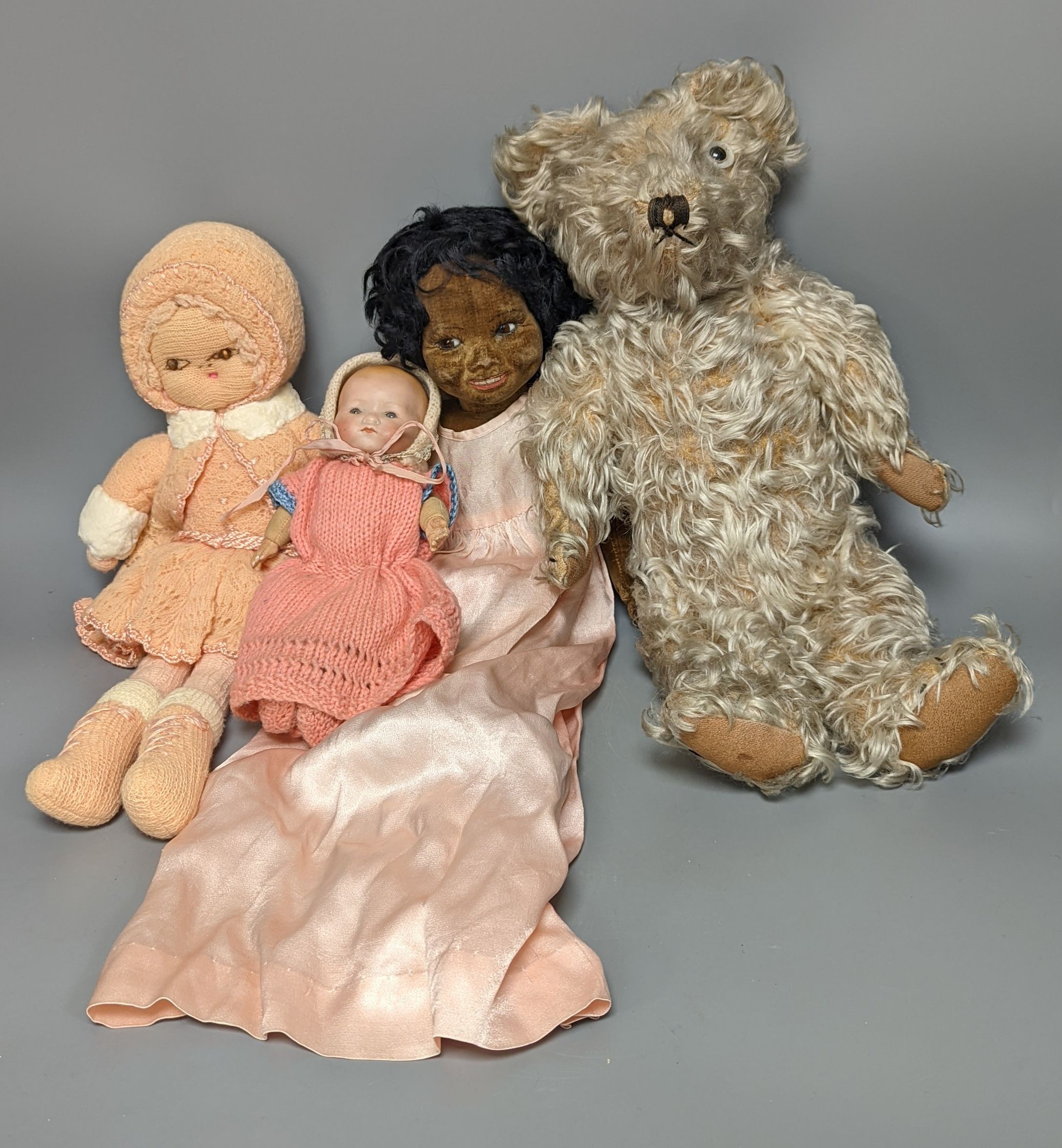 A Nora Wellings type mulatto doll and an Armmand Marseille doll 341, teddy etc, mulatto doll 43cms high